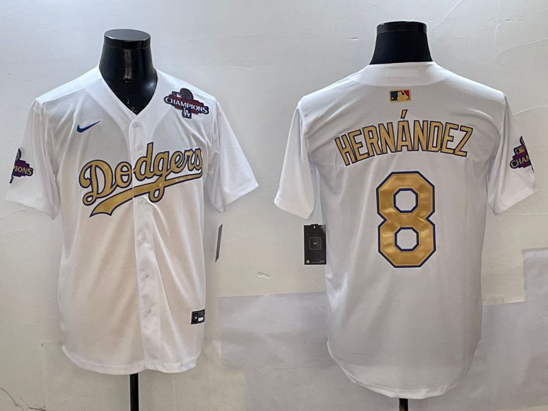 Men Los Angeles Dodgers #8 Hernandez White Champion gold character 2025 Nike MLB Jersey style 7->los angeles dodgers->MLB Jersey